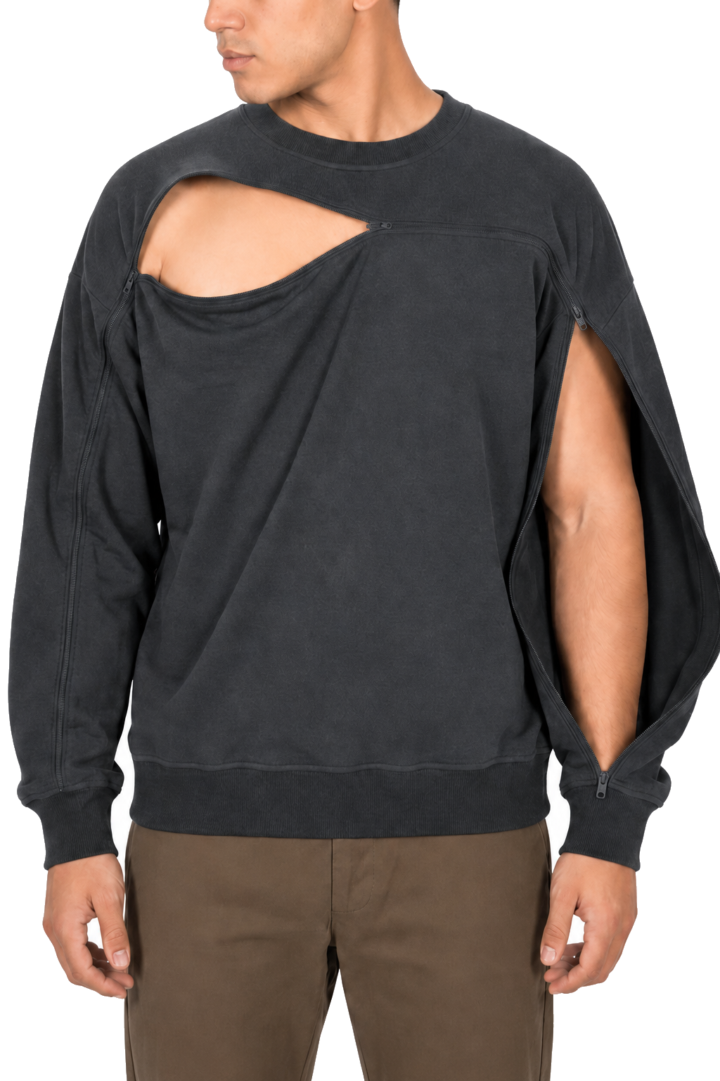 Cotton crewneck in Gray, sleeve zipper open