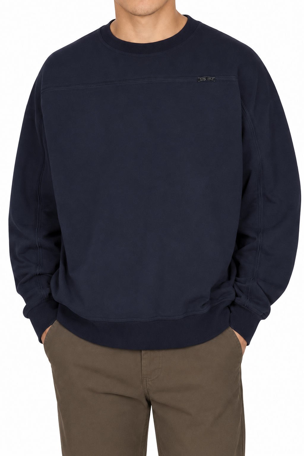 Cotton crewneck in Navy, zipper closed