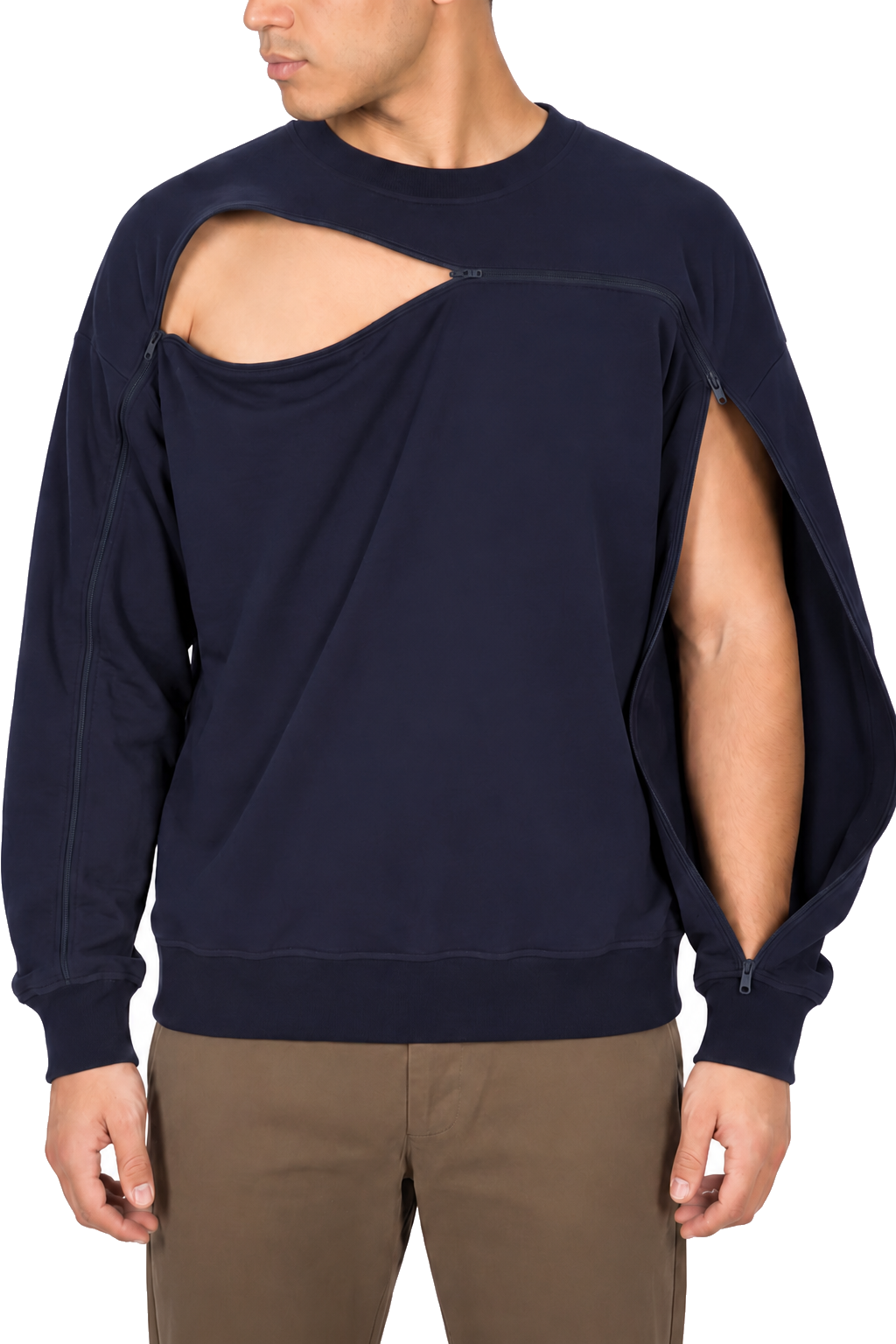 Cotton crewneck in Navy, sleeve zipper open