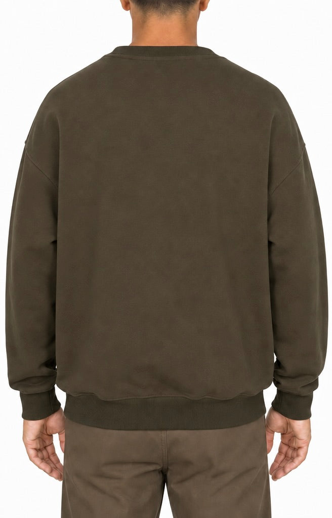 Cotton crewneck in Olive, back view