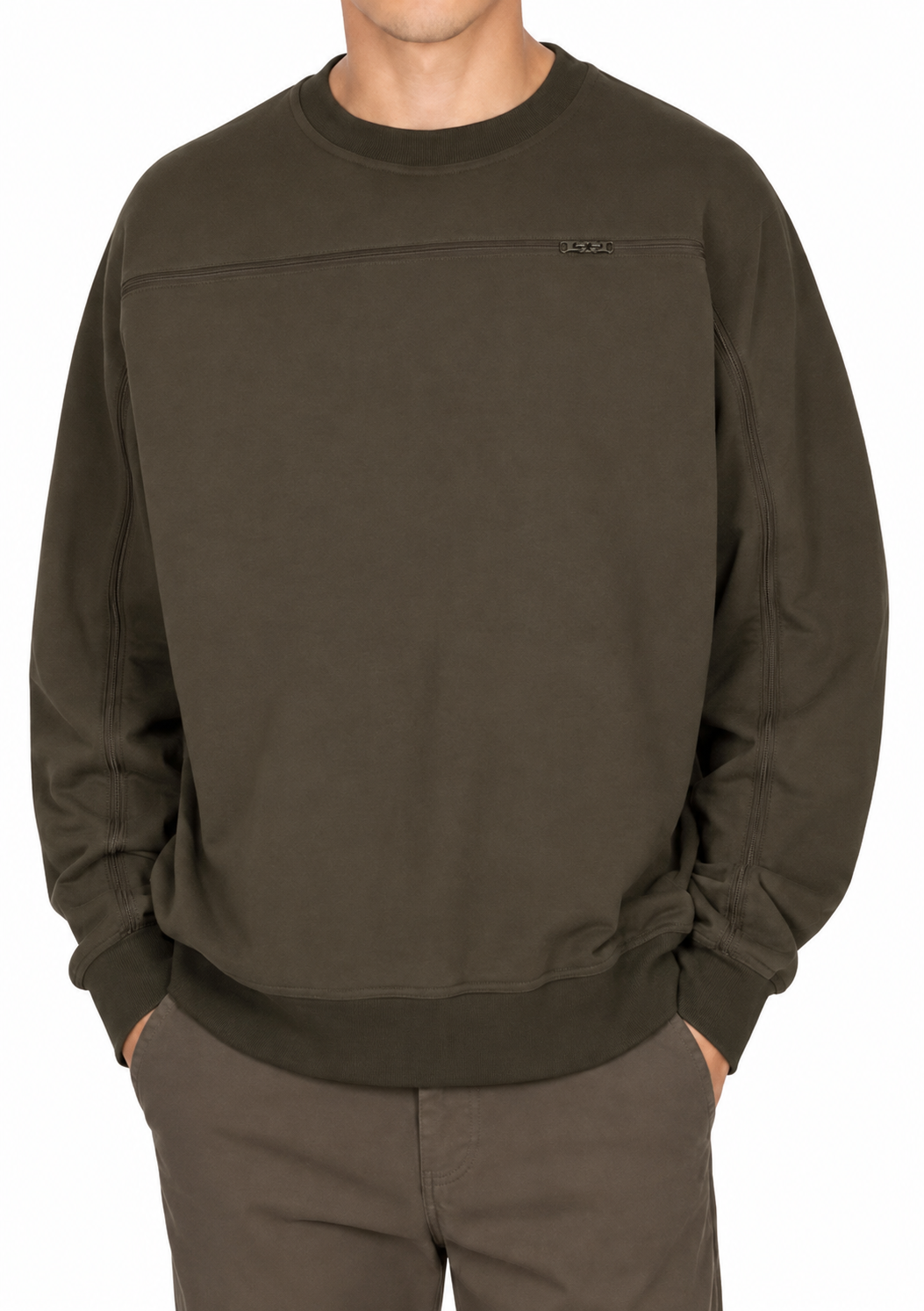 Cotton crewneck in Olive, zipper closed