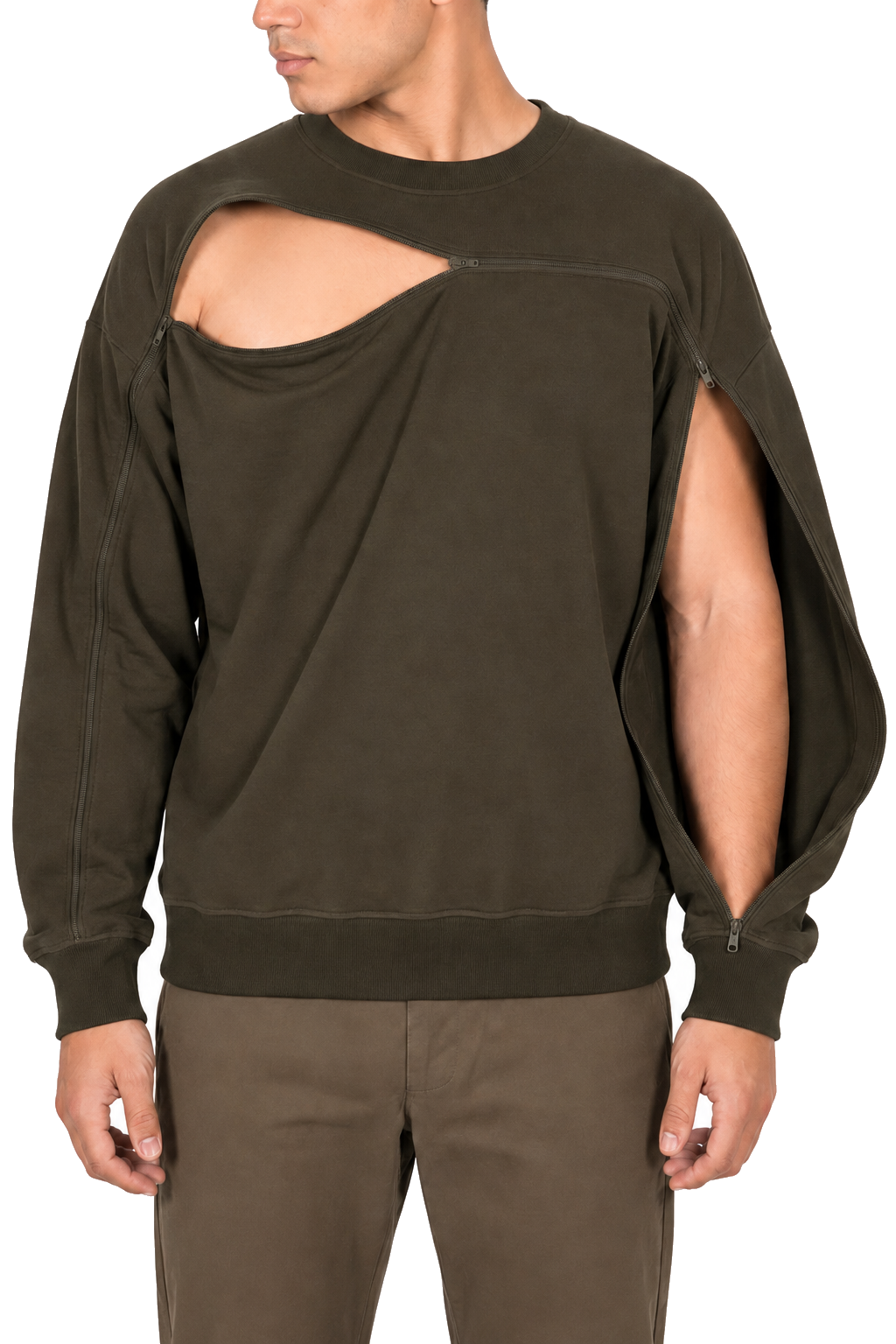 Cotton crewneck in Olive, sleeve zipper open