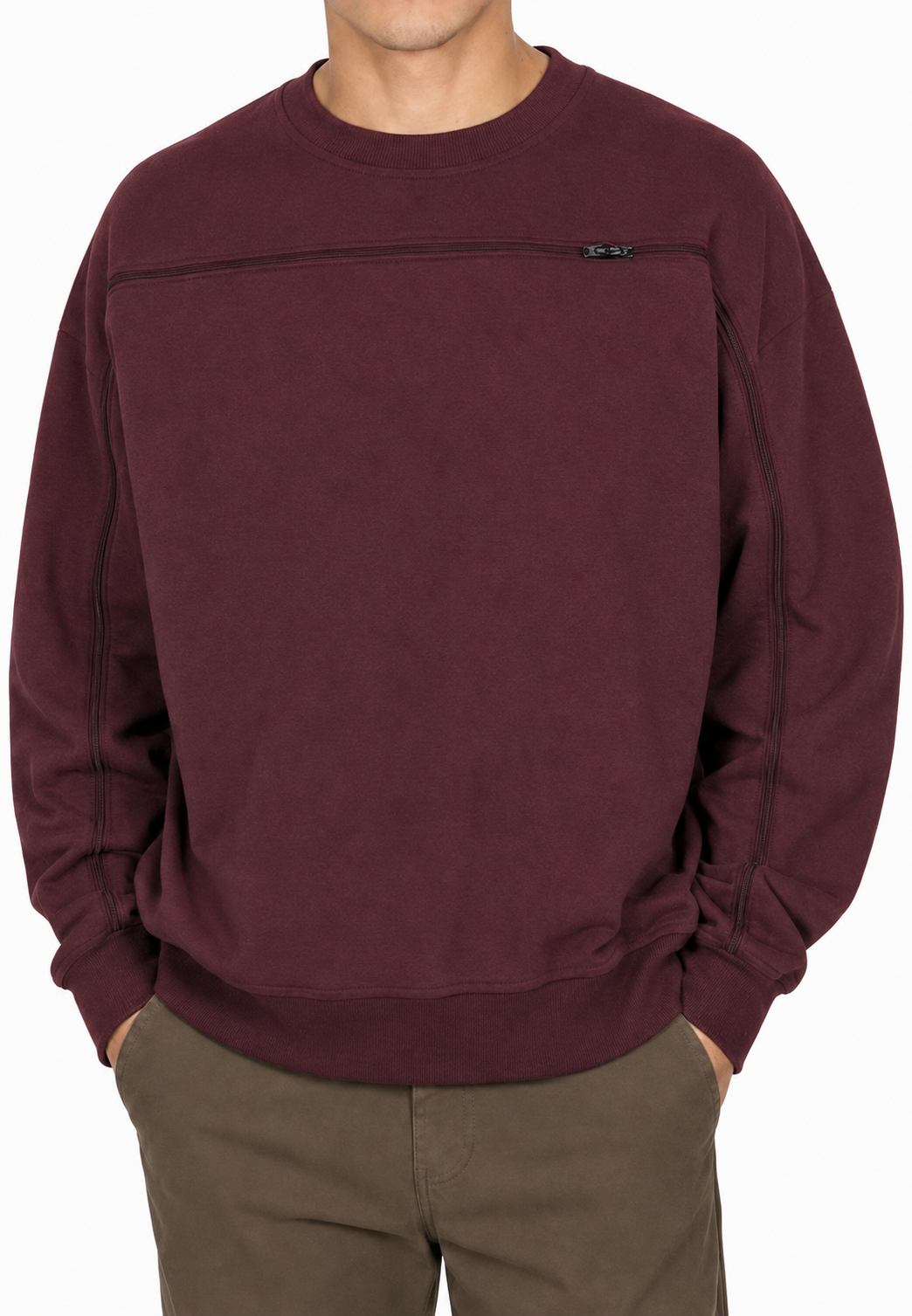 Cotton crewneck in Red, zipper closed