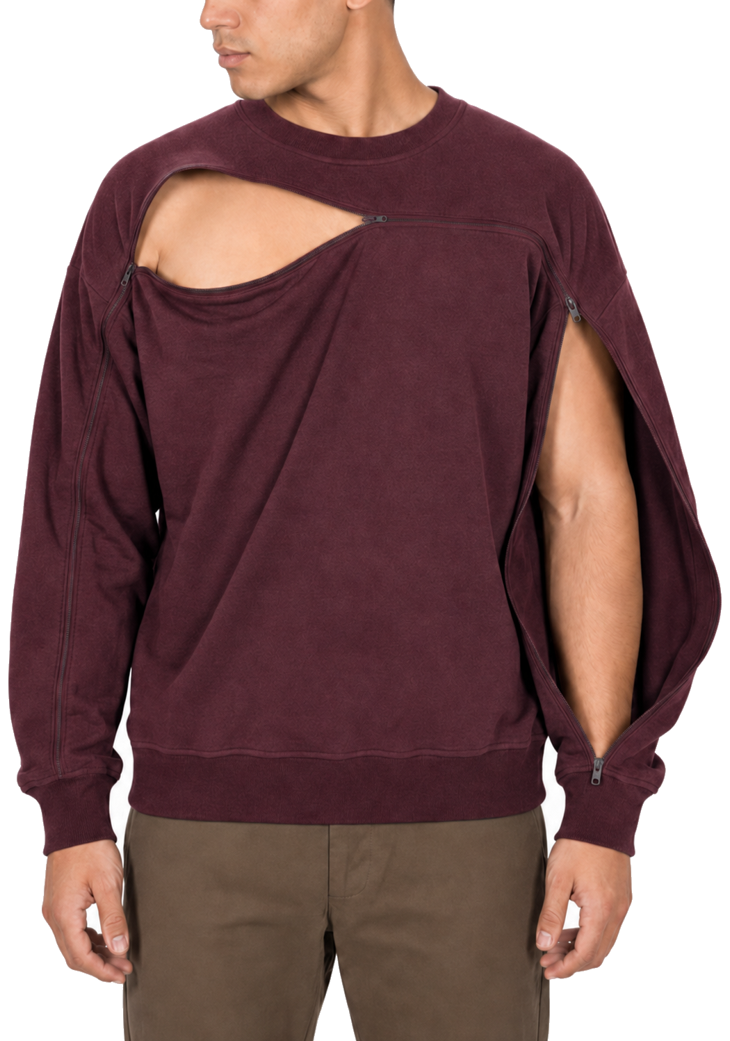 Cotton crewneck in Red, sleeve zipper open
