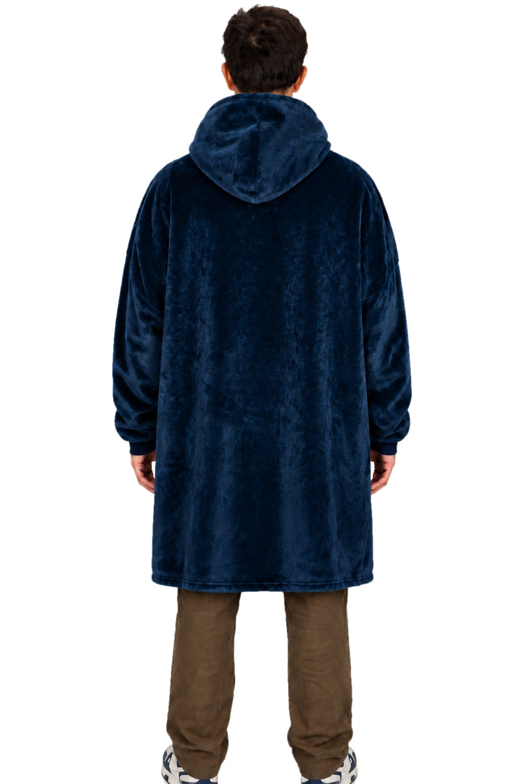 Wearable blanket hoodie in Blue, back view