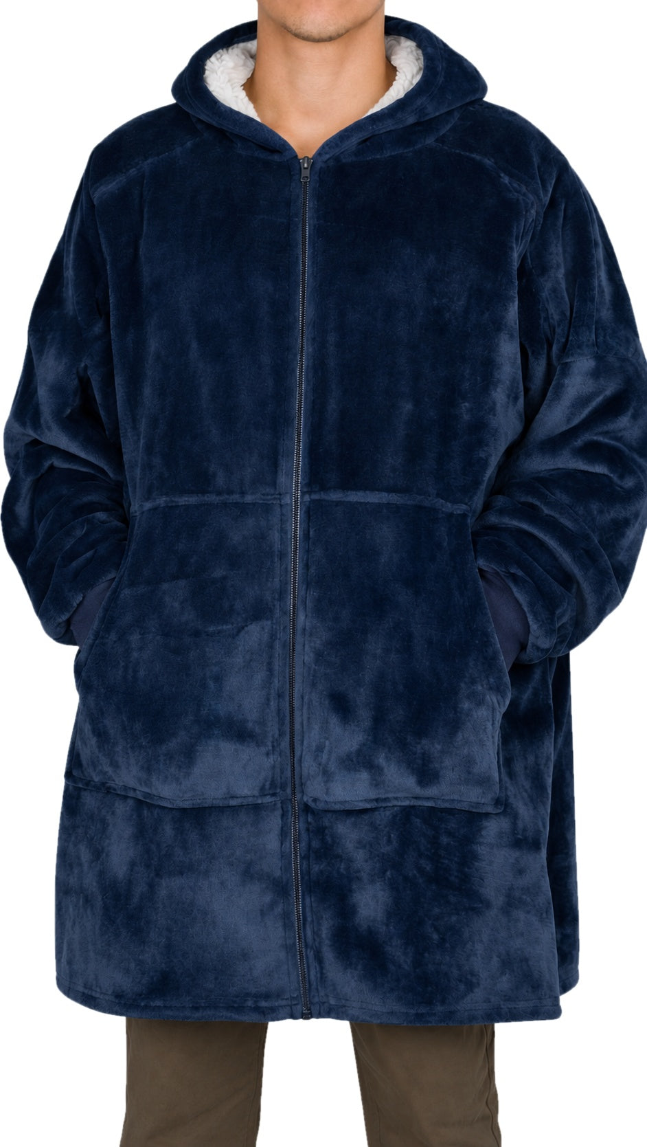Wearable blanket hoodie in Blue, zipper closed