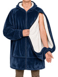 Wearable blanket hoodie in Blue, sleeve zipper open