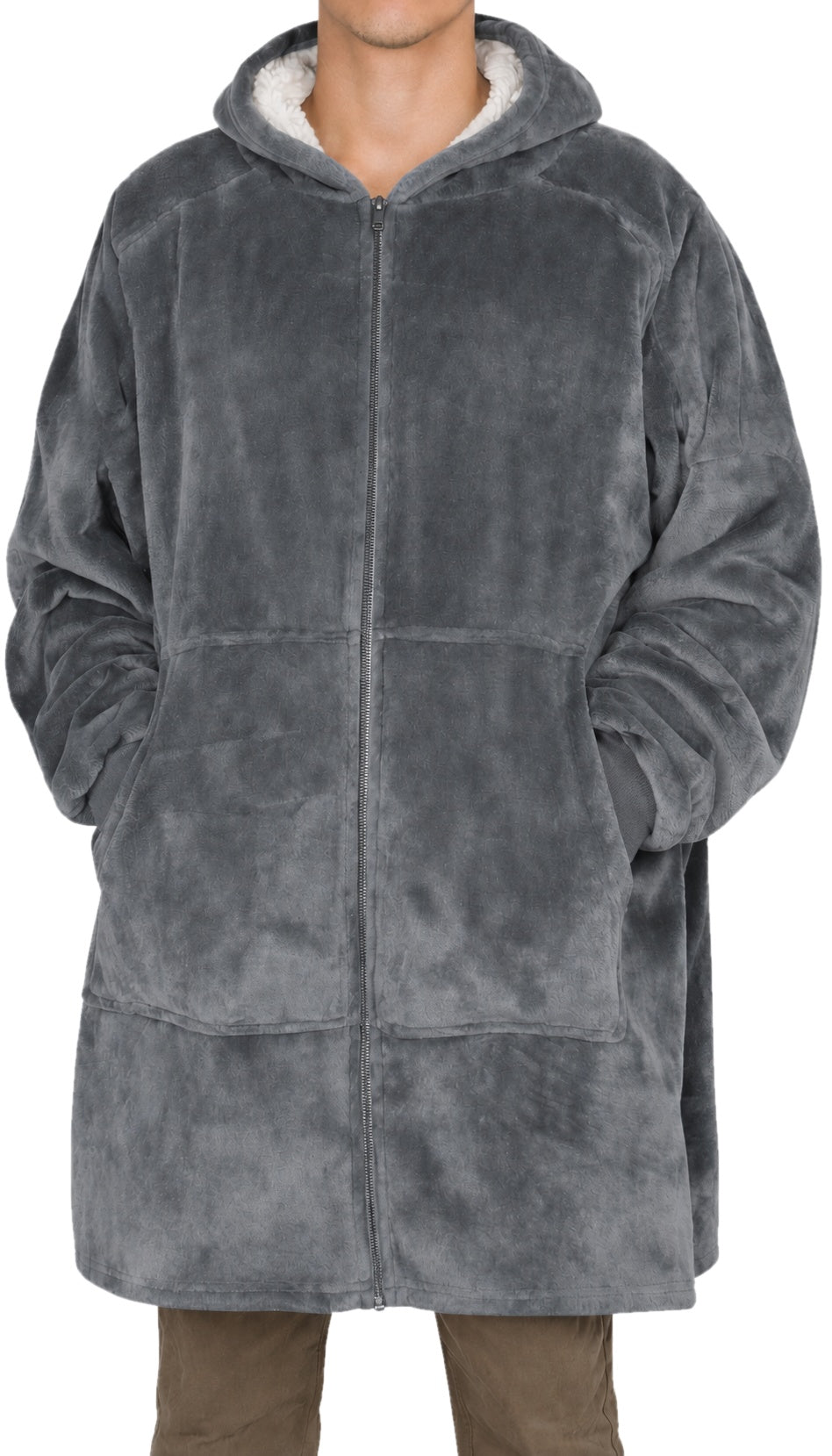 Wearable blanket hoodie in Gray, zipper closed