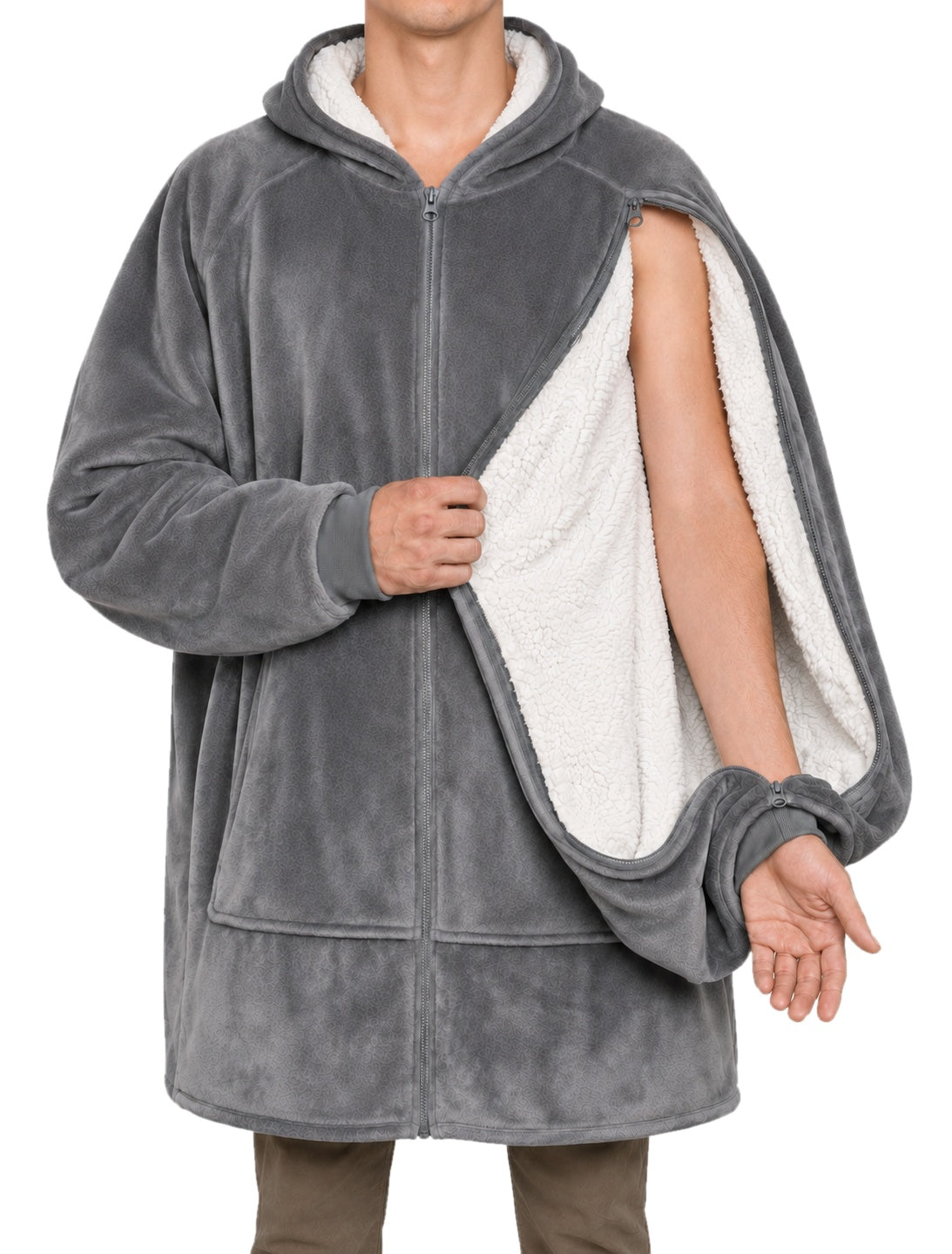 Wearable blanket hoodie in Gray, sleeve zipper open
